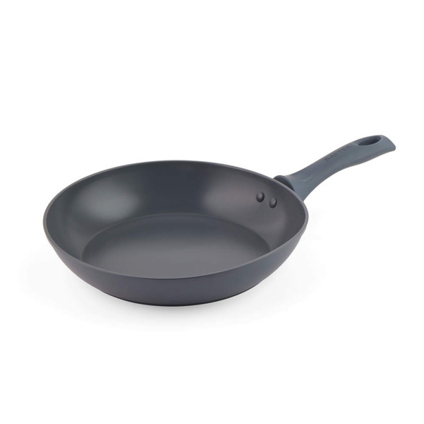 Black non-stick frying pan with ergonomic handle, shown at an angle on white background