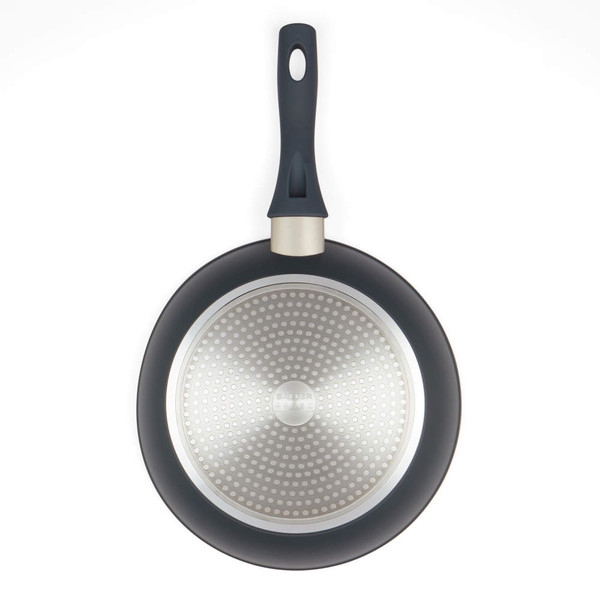 Black non-stick frying pan, base view showing silver induction plate.