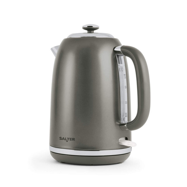 Grey electric kettle with handle, water gauge, and Salter branding, product image