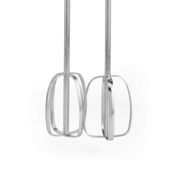 Pair of stainless steel beaters for electric hand mixer, close-up view.