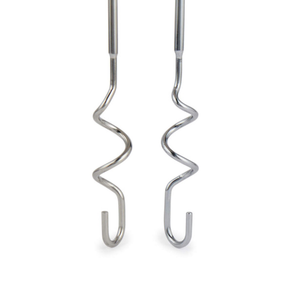 Pair of stainless steel dough hooks for electric mixer, close-up.