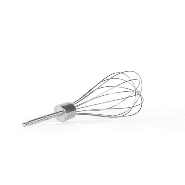 Stainless steel balloon whisk attachment on white background