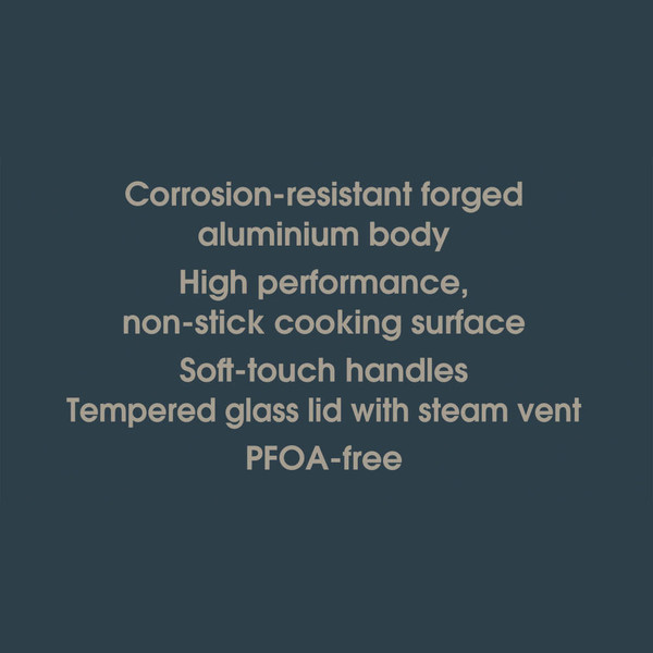 Banner listing cookware features: corrosion-resistant aluminium body, non-stick, soft-touch handles, glass lid.