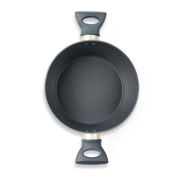 Grey non-stick casserole pot, top view, with two ergonomic handles