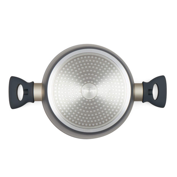 Grey non-stick casserole pan, shown base-up with two black handles