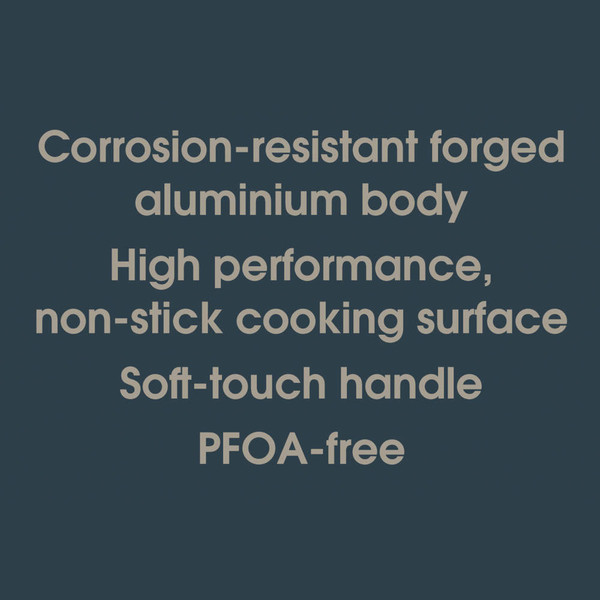 Banner: Key features of non-stick cookware—corrosion-resistant aluminium, non-stick surface, soft-touch handle, PFOA-free.