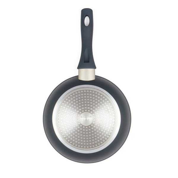 Black non-stick frying pan shown from base, silver induction bottom, single item