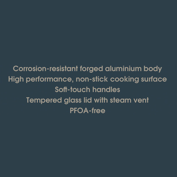 Banner: Key features of non-stick aluminium cookware—corrosion-resistant, PFOA-free, tempered glass lid.