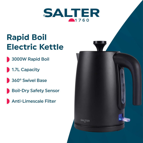 Black electric kettle with matching storage tins and tea on kitchen counter