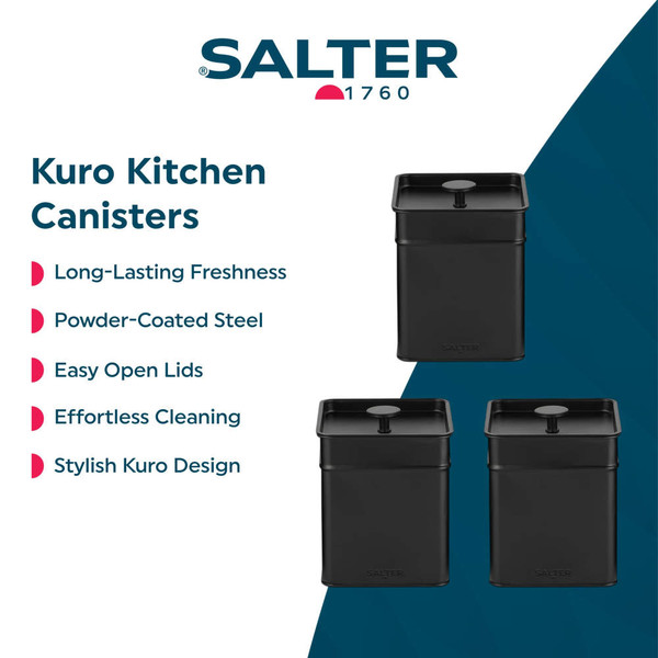 Black metal tea caddy with loose tea bags, Salter kitchenware product image