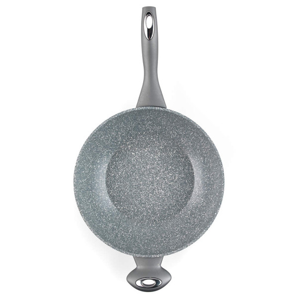Grey non-stick wok with dual handles, top view