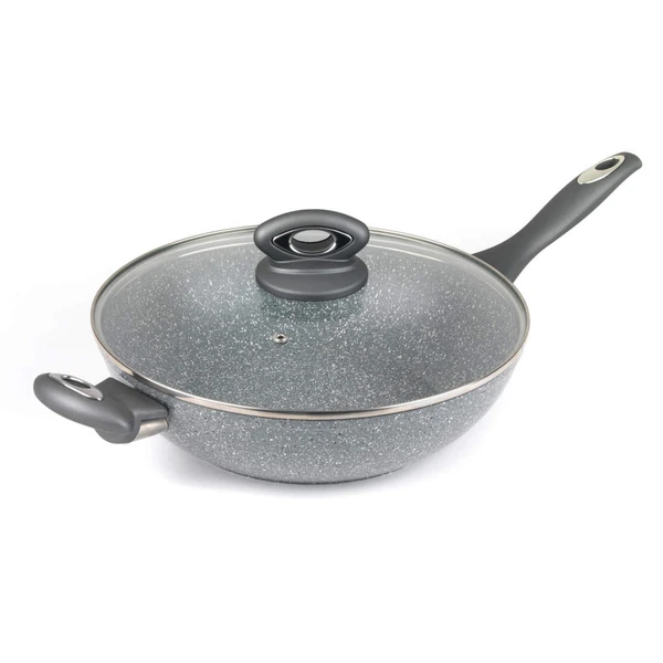 Grey non-stick frying pan with glass lid and two handles, shown at an angle