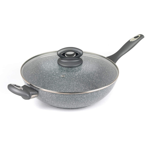 Grey non-stick frying pan with glass lid and two handles, shown at an angle