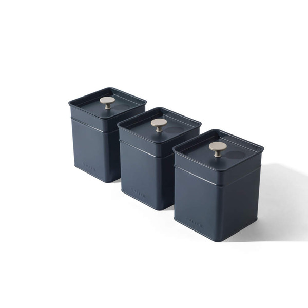 Set of three black square metal storage canisters with lids and silver knobs