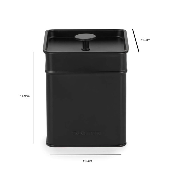 Black metal storage tin with lid, shown front view with measurements, for kitchen use