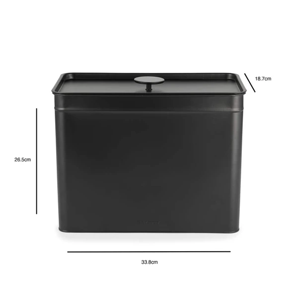 Black metal storage tin with lid, shown front view with measurements, for kitchen use