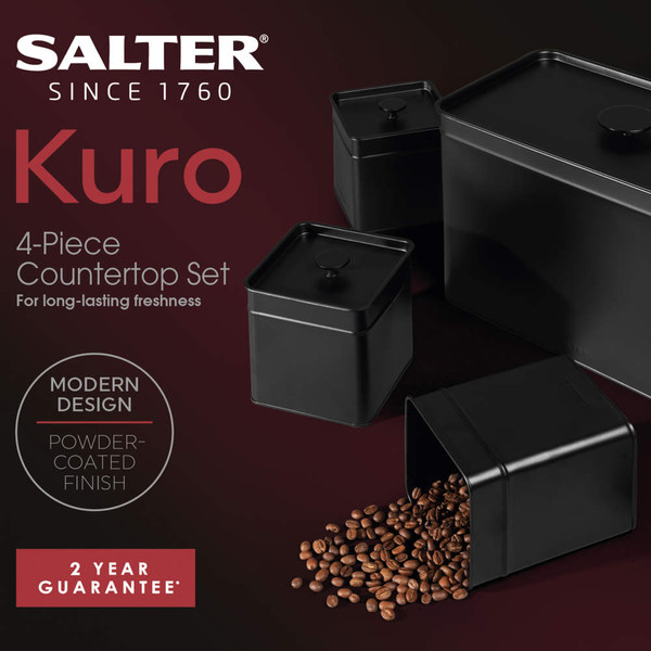 Salter Kuro 4-piece black countertop storage set with powder-coated finish, coffee beans shown