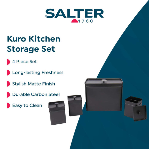 Set of black metal kitchen storage tins, including one open with tea bags, on countertop