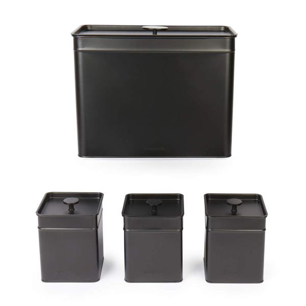 Large matte black metal storage box with lid, dimensions 33.8 x 26.5 x 18.7cm.