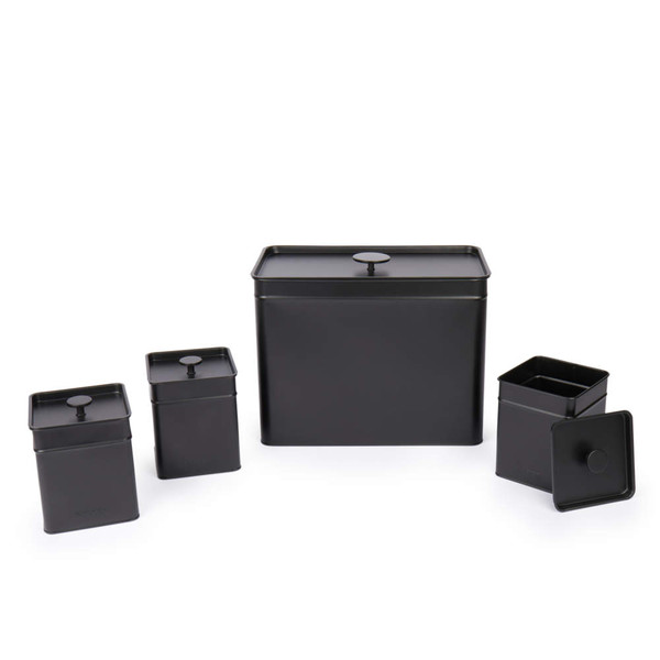 Set of four matte black metal kitchen storage tins with lids, shown in different sizes.