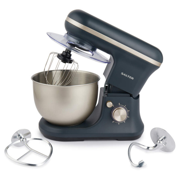 Grey stand mixer with stainless steel bowl, whisk attached, and two dough attachments.