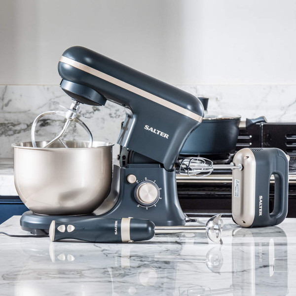 Grey kitchen stand mixer set with mixing bowl, hand mixer and stick blender on worktop