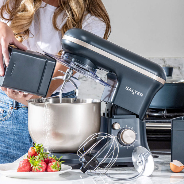 Grey Salter stand mixer and hand mixer on kitchen counter, mixing bowl included