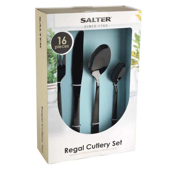 Boxed black plated stainless steel cutlery set, 16 pieces.