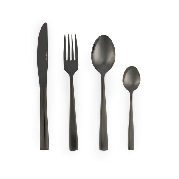 Set of four black stainless steel cutlery items: knife, fork, spoon and teaspoon