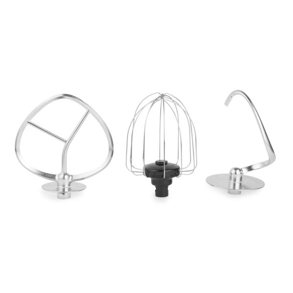 Set of three stainless steel mixer attachments: beater, whisk, and dough hook.