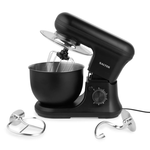Black stand mixer with large mixing bowl, whisk attached, and two extra attachments