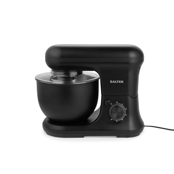 Black stand mixer with stainless steel mixing bowl, dial control and SALTER logo