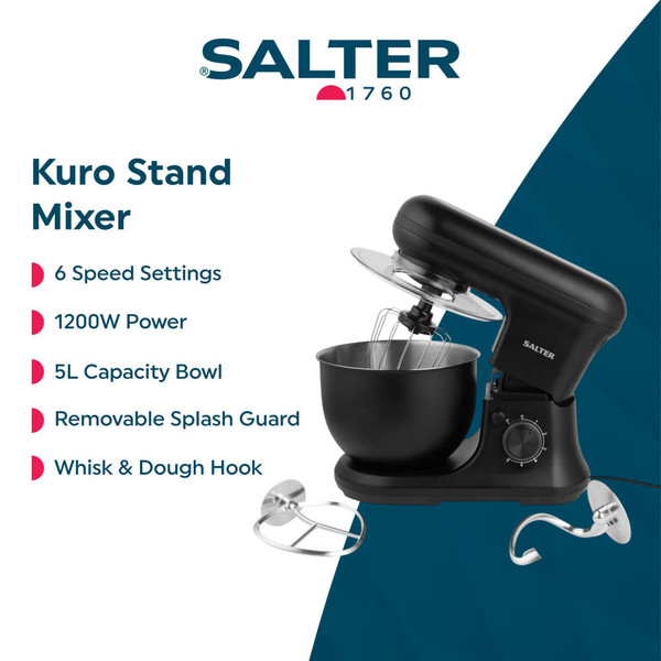 Black Salter stand mixer and hand mixer on counter beside key lime pie and fresh limes