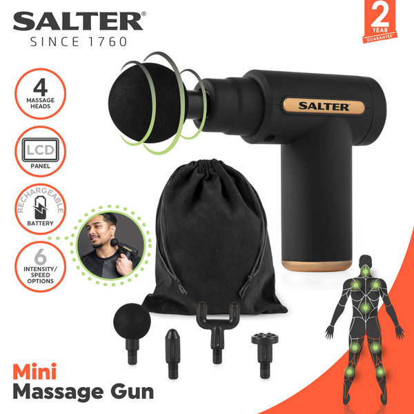 Black mini massage gun with four attachments, carry pouch and body diagram showing target areas.