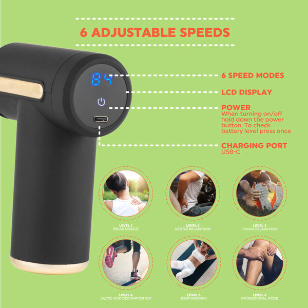 Black massage gun with LCD display, USB-C charging port, and 6 speed modes for muscle relaxation.