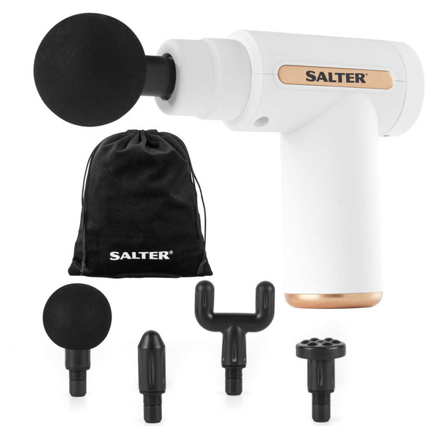 White Salter massage gun with four black attachment heads and a branded carry pouch