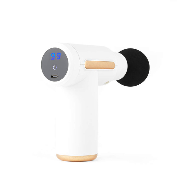White handheld massage gun with digital display and black round head, side view