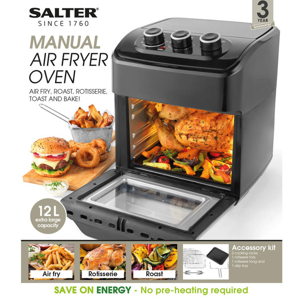 Salter manual air fryer oven with 12L capacity, shown cooking roast chicken and chips