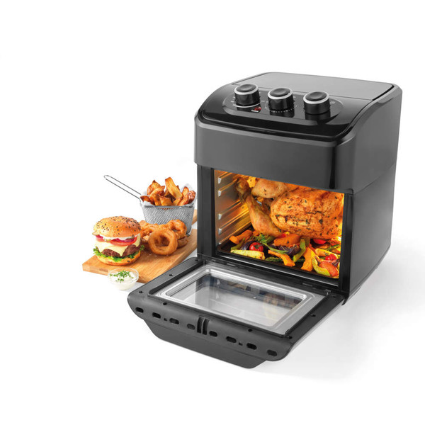 Black air fryer oven with roasted chicken and vegetables, shown with fries, onion rings and burger.