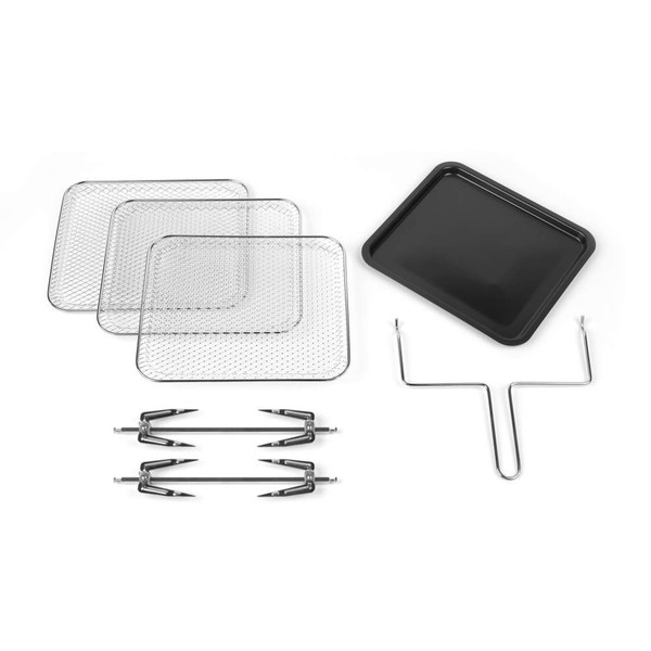 Set of three mesh air fryer trays, black baking tray, rotisserie forks and tool.