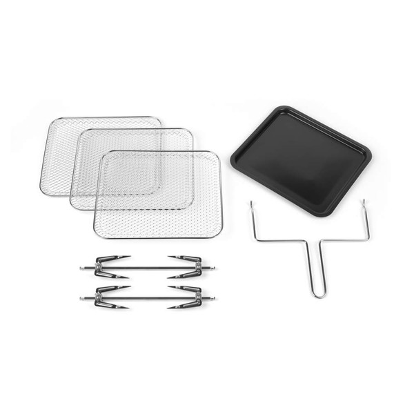 Set of three mesh air fryer trays, black baking tray, rotisserie forks and tool.