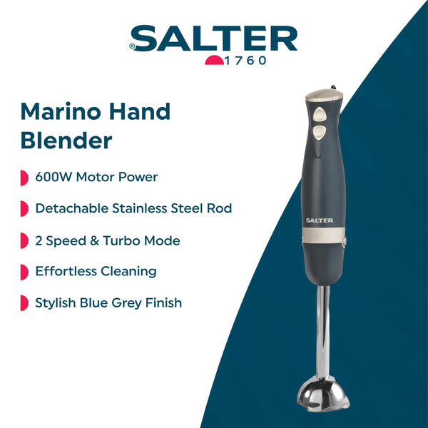 Blue grey Salter Marino hand blender with detachable stainless steel rod, 600W motor, shown upright.