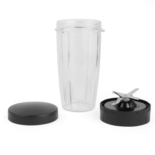 Clear blender cup with black lid and blade attachment, shown disassembled.