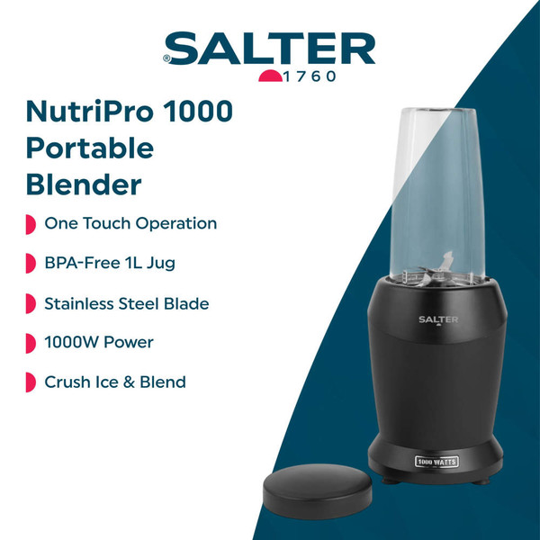 Black Salter blender and smoothie maker on a kitchen counter with drinks and pizza