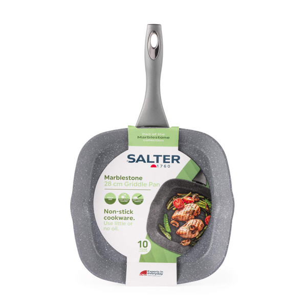 Grey marble-effect Salter 28cm non-stick griddle pan in retail packaging, top-down view