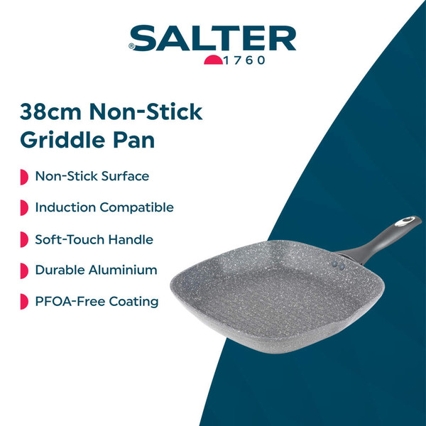 Square grey non-stick grill pan with handle, shown angled on white background