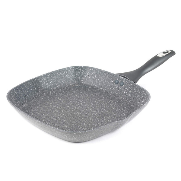 Grey speckled non-stick square grill pan with handle, shown on white background