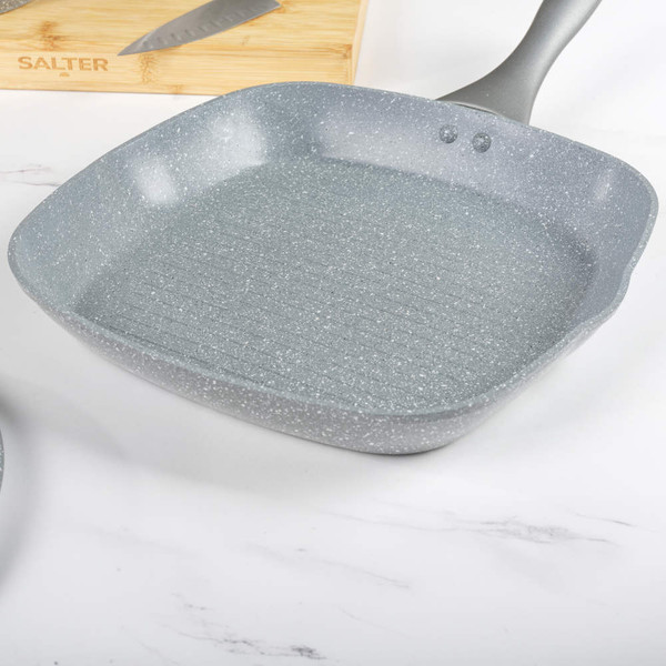 Grey square non-stick grill pan with speckled finish for stovetop cooking