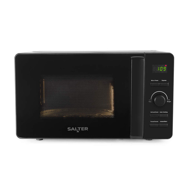 Black countertop microwave oven with digital display and Salter branding