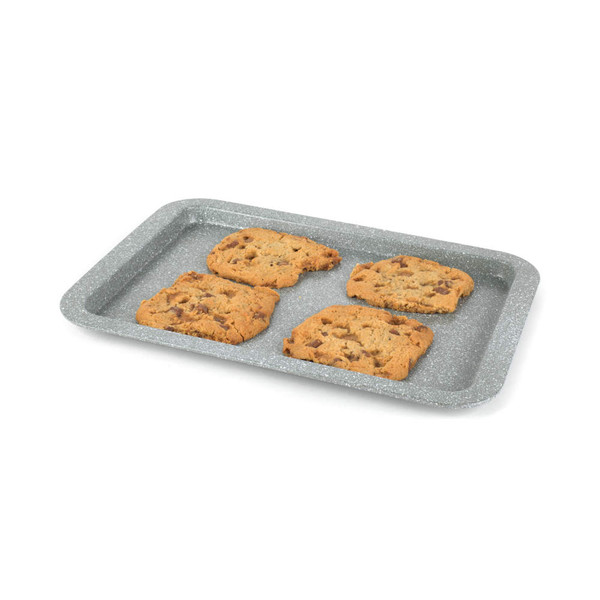 Grey baking tray with four chocolate chip cookies